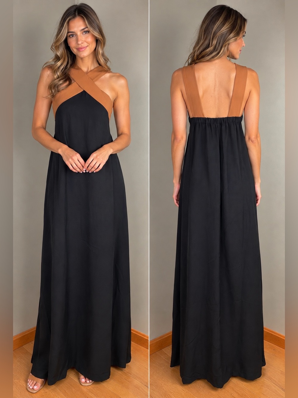 Boho Black & Cognac Criss Cross
Maxi Dress Size Small